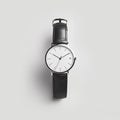 A top-down studio shot showcases the APPT 1 Kensington Watch, featuring a round, silver-tone case and a minimalist white dial with slender black hour markers and hands. A small date window is positioned near the 3 o'clock mark. The watch is fitted with a black leather strap that has a subtle alligator skin texture, complete with tonal stitching. The watch exemplifies sophisticated design and horological craftsmanship. The background is a soft, neutral gray, providing a clean backdrop that highlights the...