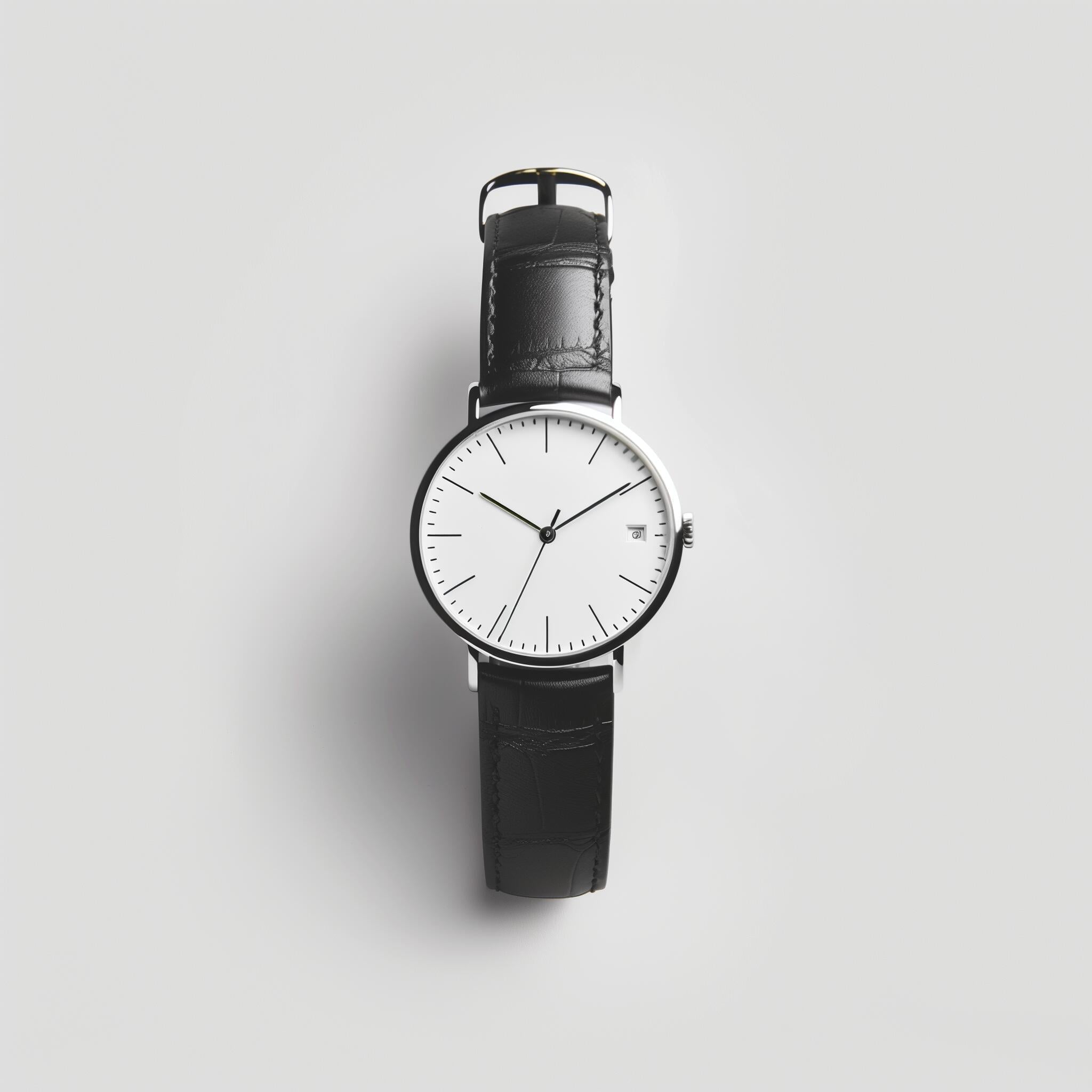 A top-down studio shot showcases the APPT 1 Kensington Watch, featuring a round, silver-tone case and a minimalist white dial with slender black hour markers and hands. A small date window is positioned near the 3 o'clock mark. The watch is fitted with a black leather strap that has a subtle alligator skin texture, complete with tonal stitching. The watch exemplifies sophisticated design and horological craftsmanship. The background is a soft, neutral gray, providing a clean backdrop that highlights the...