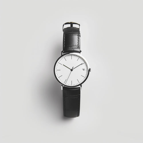 A top-down studio shot showcases the APPT 1 Kensington Watch, featuring a round, silver-tone case and a minimalist white dial with slender black hour markers and hands. A small date window is positioned near the 3 o'clock mark. The watch is fitted with a black leather strap that has a subtle alligator skin texture, complete with tonal stitching. The watch exemplifies sophisticated design and horological craftsmanship. The background is a soft, neutral gray, providing a clean backdrop that highlights the...