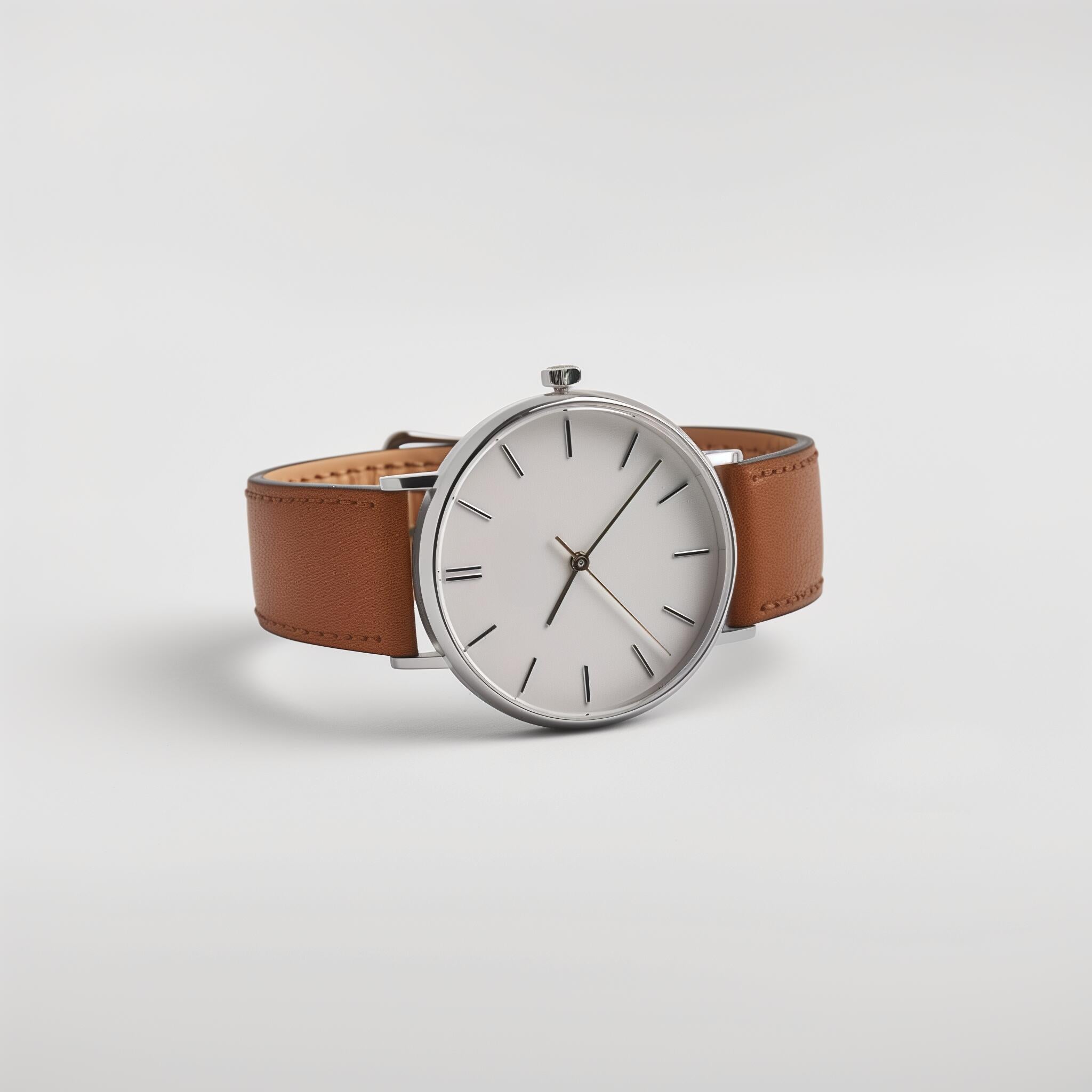 Alcott luxury watch with polished silver round dial, minimalist black index markers, and cognac brown genuine leather strap with precision stitching, displayed at three-quarter angle on neutral background