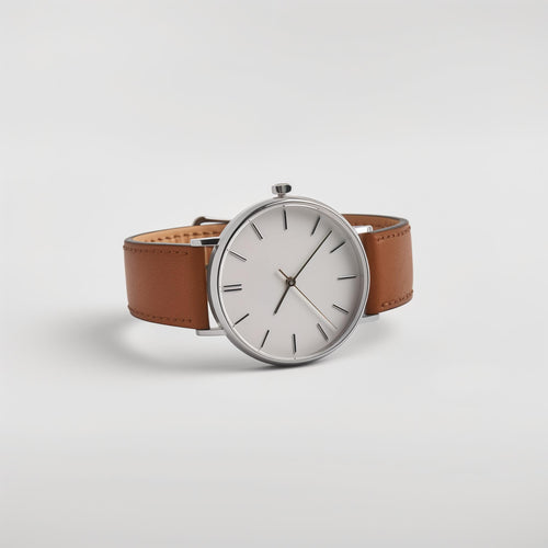 Alcott luxury watch with polished silver round dial, minimalist black index markers, and cognac brown genuine leather strap with precision stitching, displayed at three-quarter angle on neutral background