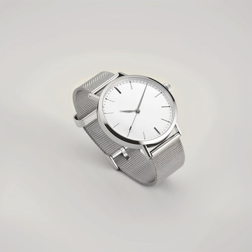 Silver mesh band watch worn at three-quarter angle, showcasing the sleek stainless steel case, white dial, and adjustable mesh strap detail