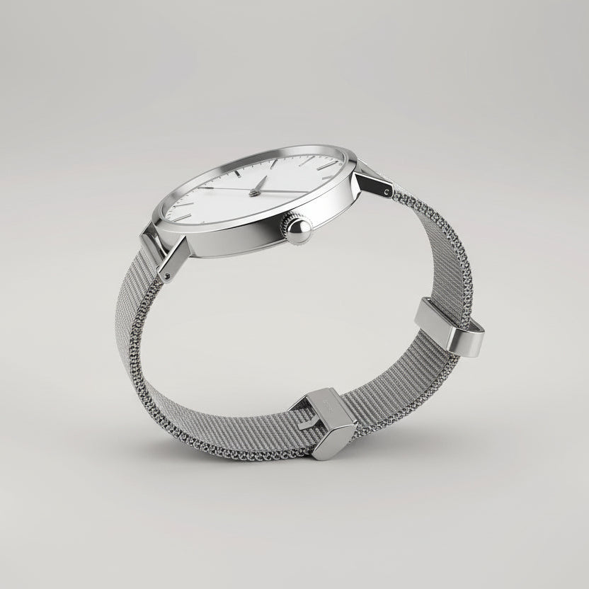 Side profile of silver watch displaying the thin case profile and curved mesh band wrapping around the wrist with metal buckle closure