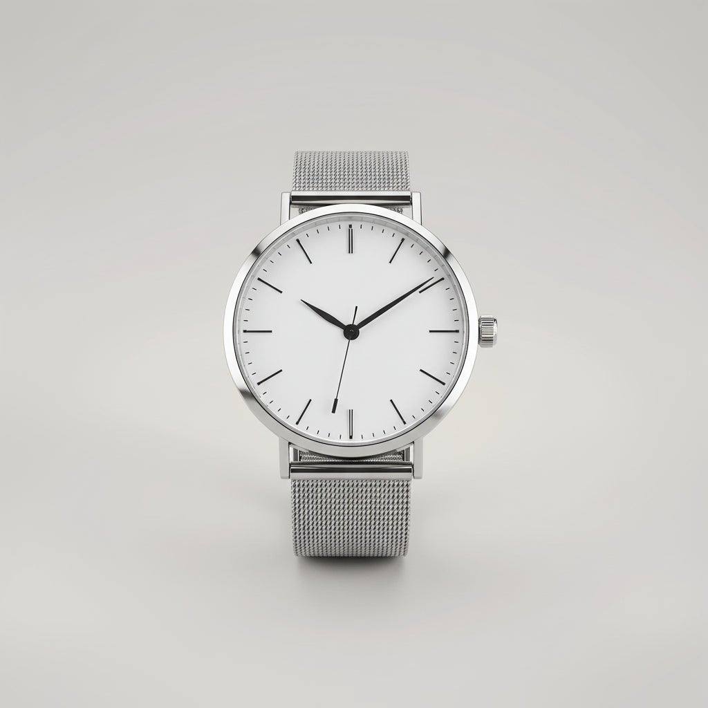 Silver watch with round white dial and black hour markers, displayed flat against neutral background showing full face view with minimalist design