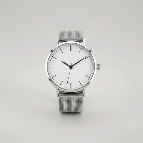 Silver watch with round white dial and black hour markers, displayed flat against neutral background showing full face view with minimalist design